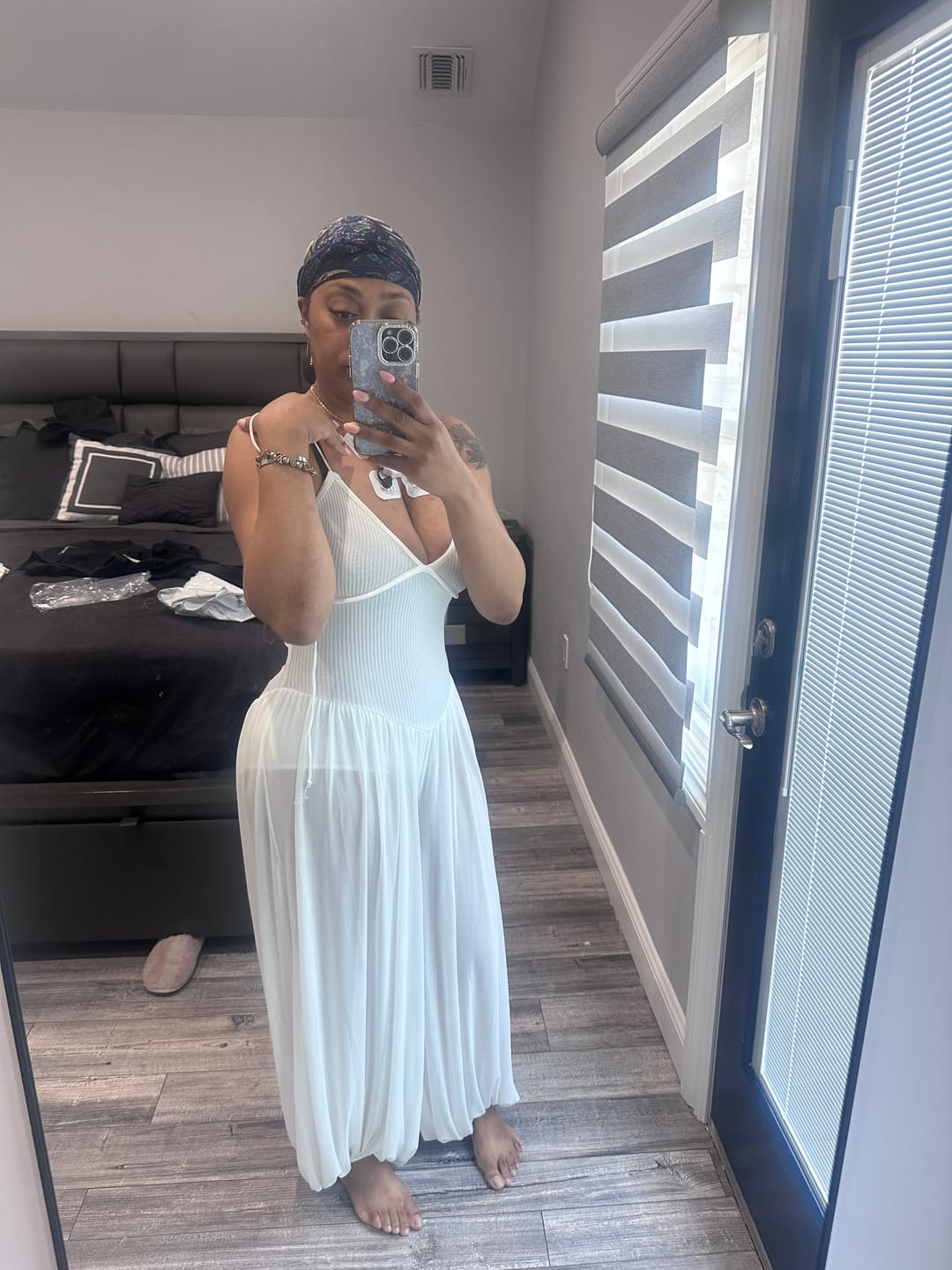 Customer photo review of In Sync Mesh Ruched Jumpsuit White