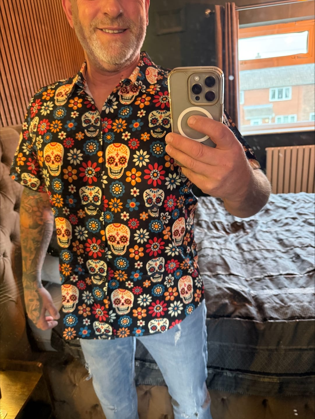 Customer photo review of Men's Sugar Skull Punk Rock Holiday Cool Beach Short Sleeve Summer Shirt