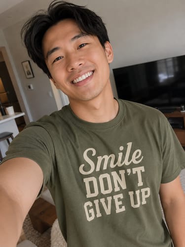 Reviewer smiling in a green Smile shirt with the text "Smile DON'T GIVE UP" on the front.
