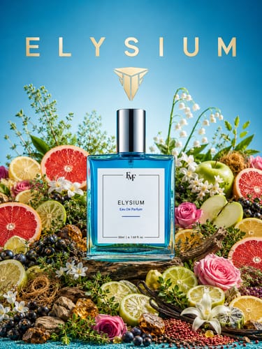 Reviewer's Elysium Eau De Parfum bottle staged with fresh fruits, spices, and flowers.
