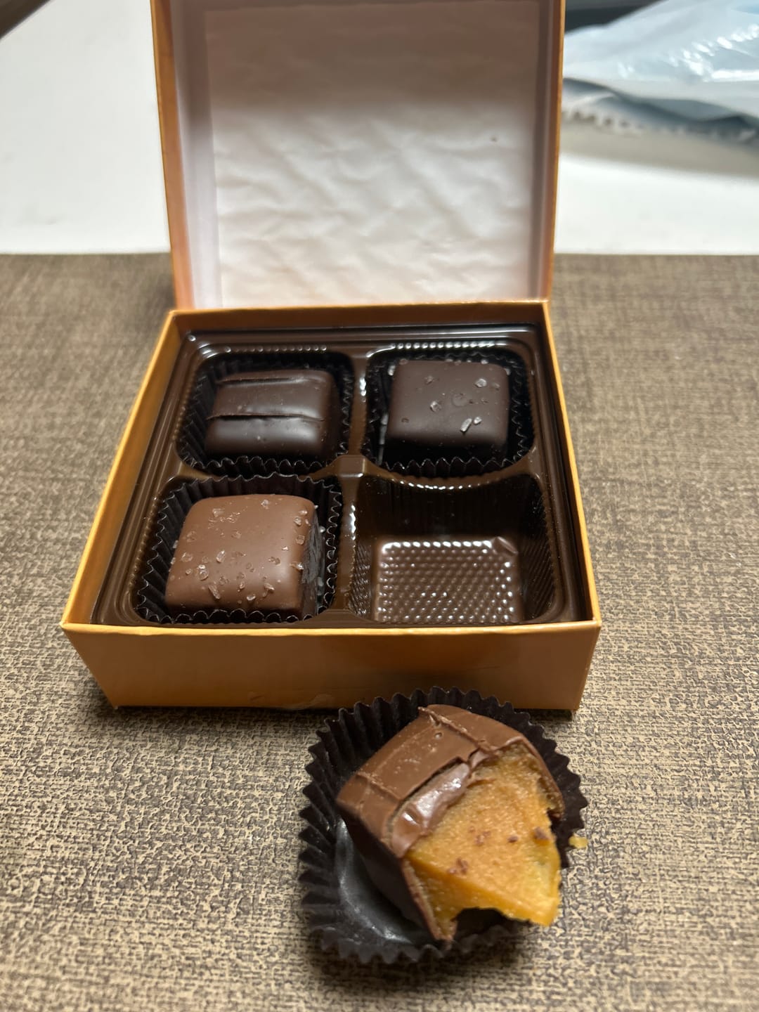 Customer photo review of Assorted Chocolate Covered Caramels - Box of 4