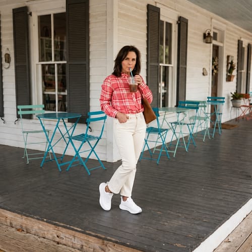 Reviewer wearing white CloudStep™ sneakers with a casual outfit on a porch.