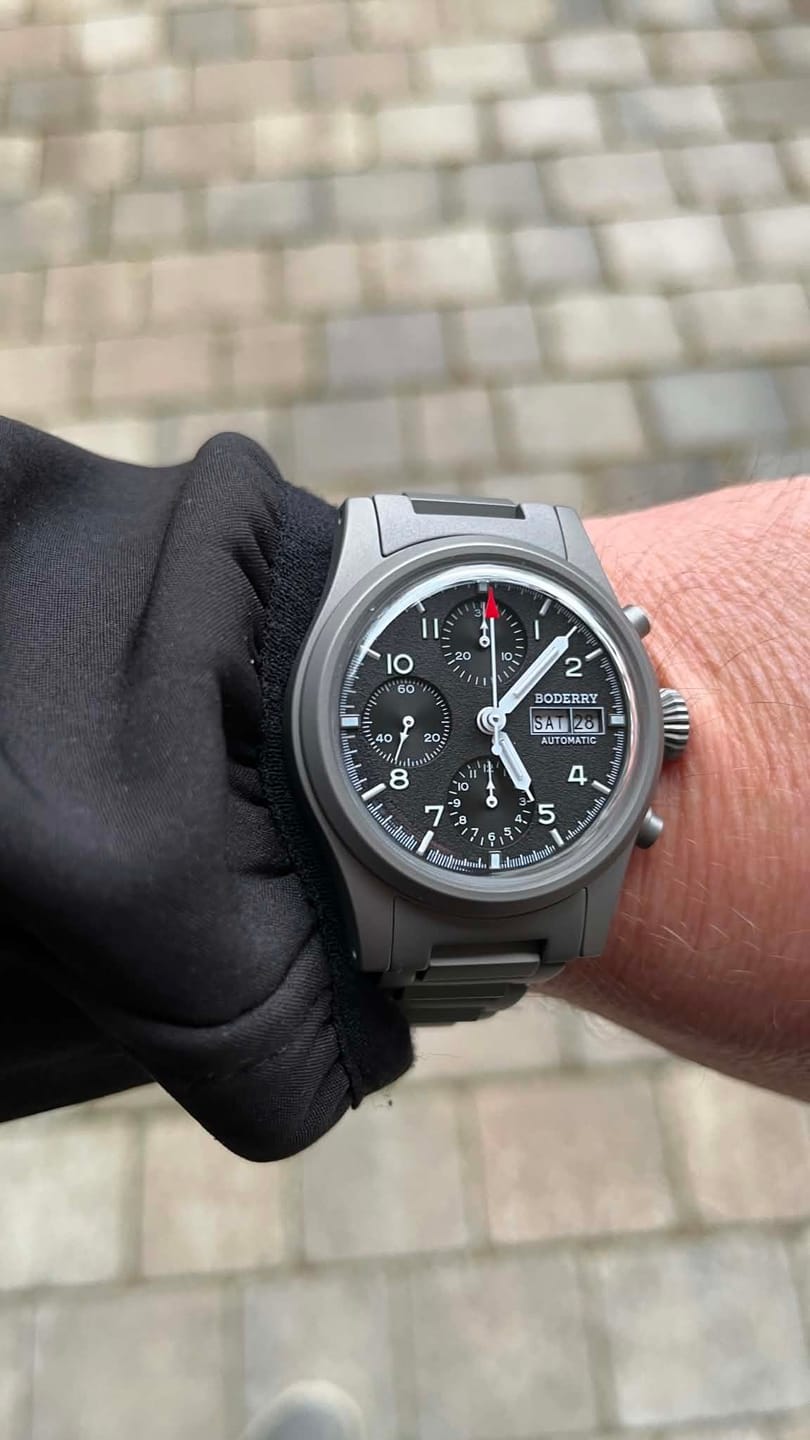 Customer photo review of LANDMASTER Chronograph – Titanium Automatic Tritium Field Watch | Black-bracelet