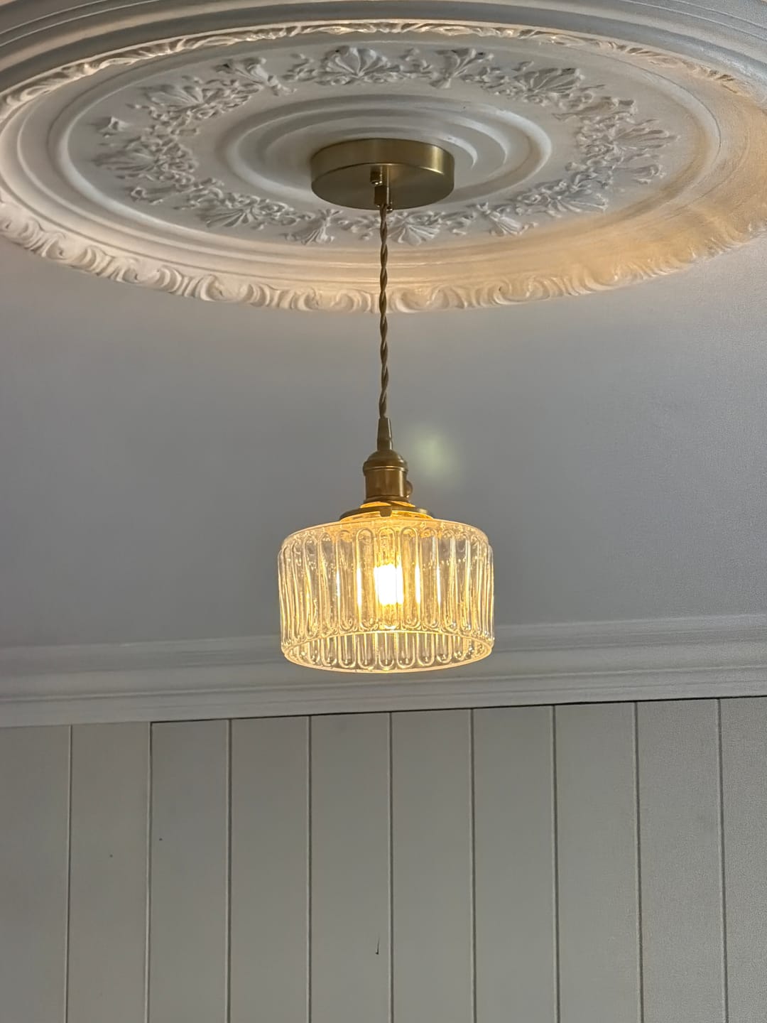 Customer photo review of Vintage Minimalist 1-Light Strip Patterned Glass Drum Round Pendant Light