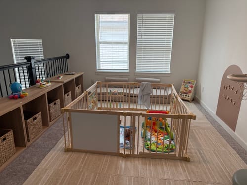 Customer photo review of Wooden Baby Playpen with Mirror & Whiteboard Panel – Foldable 63" x 63" Montessori Sensory Play Yard