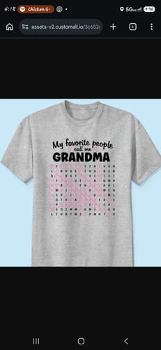 Reviewer's grey personalized shirt with a 'Grandma' word search puzzle design.