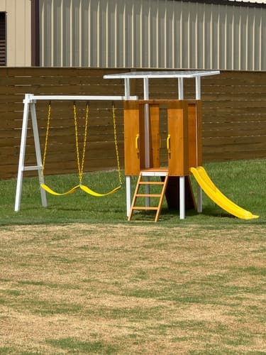Customer photo review of Forest Small Outdoor Toddler Swing Set | Compact Wooden Swing Frame for Babies & Kids