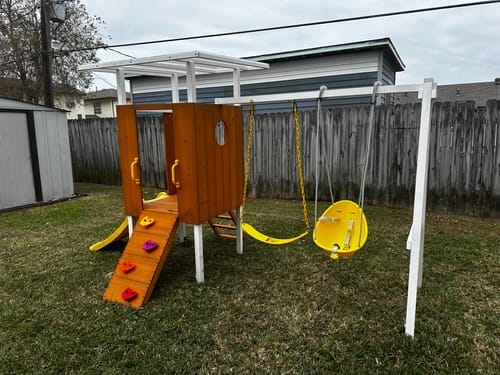 Customer photo review of Forest Small Outdoor Toddler Swing Set | Compact Wooden Swing Frame for Babies & Kids
