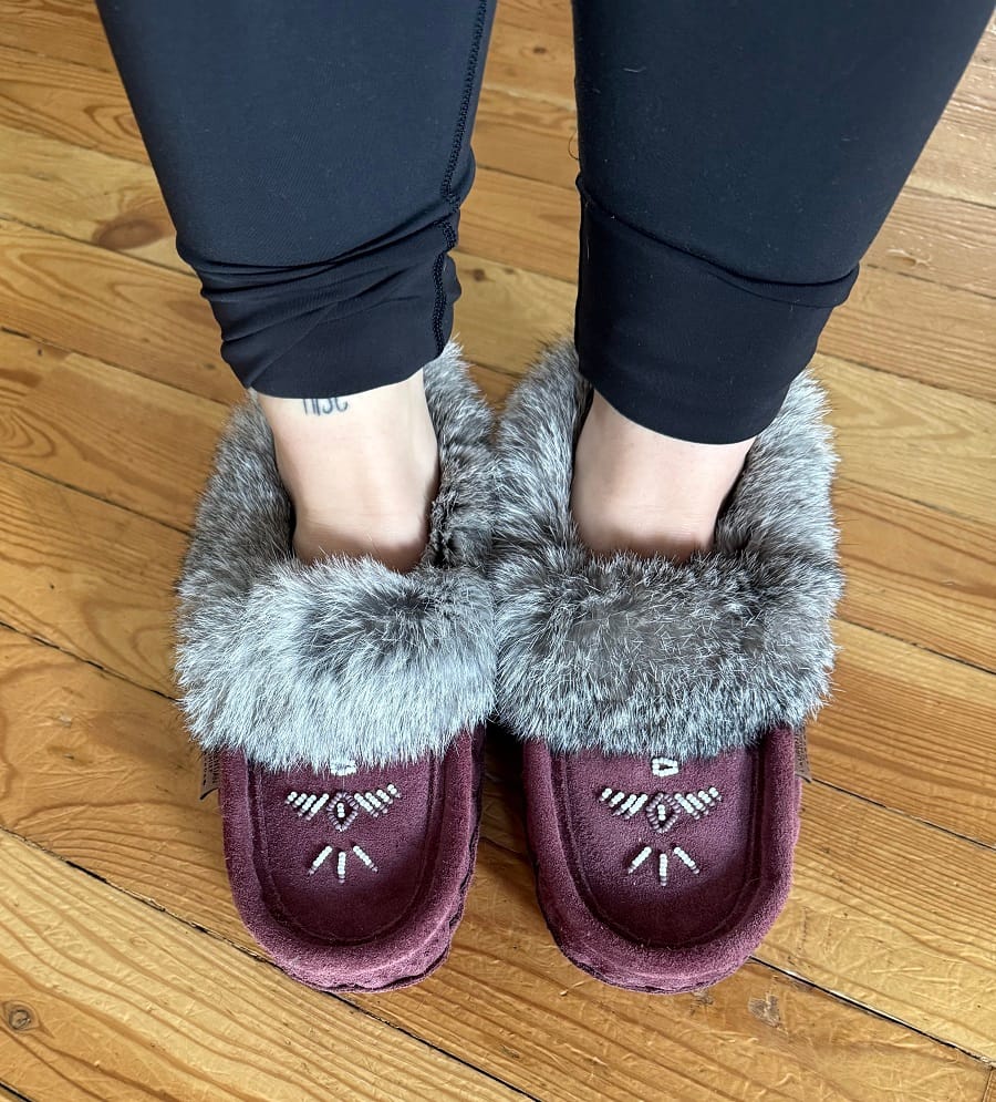 Customer photo review of Women's Rabbit Fur Thunderbird Beaded Moccasins