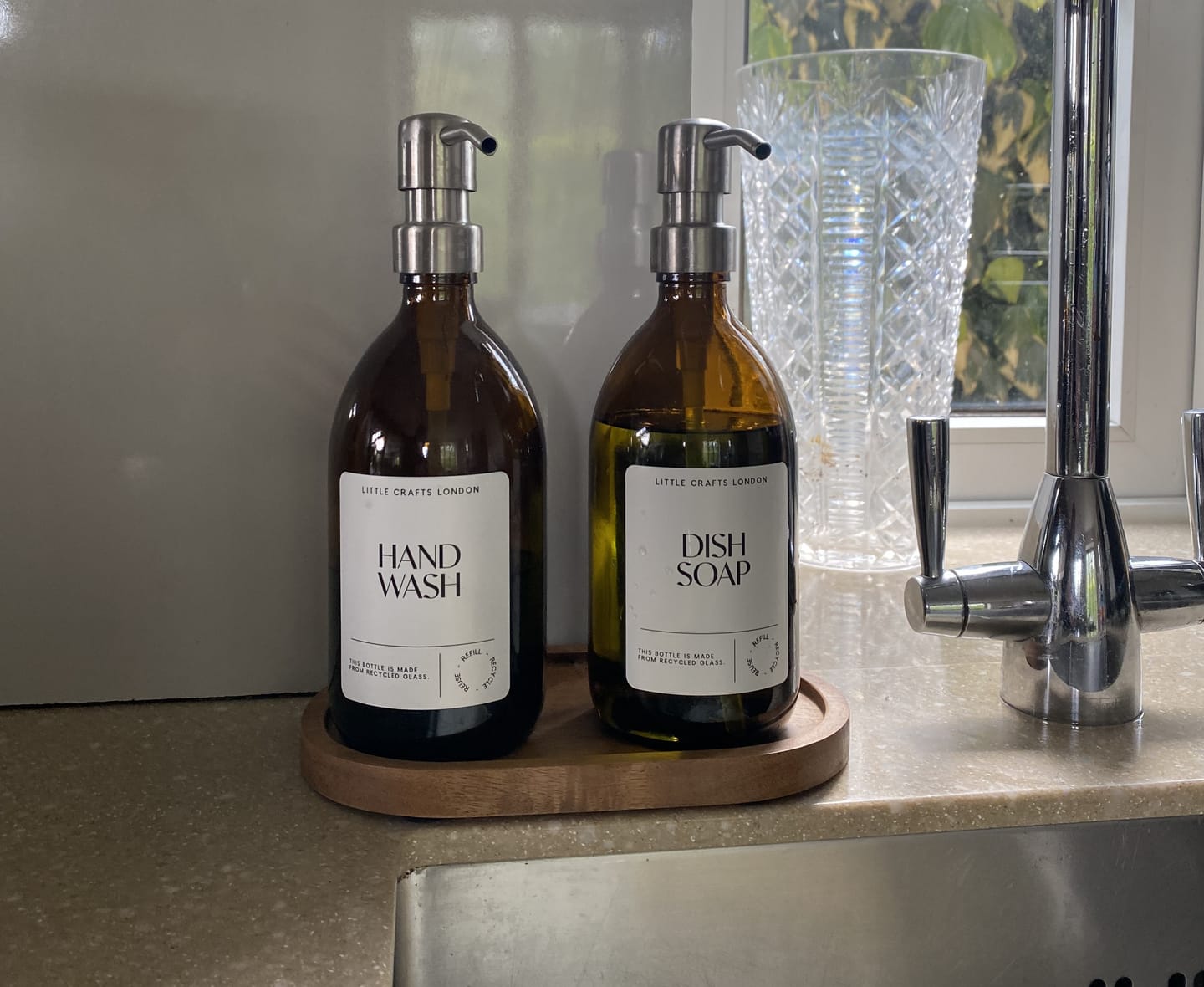 Customer photo review of Set of 2 Amber Glass Bottle 500 ML with Metal Pump & Small Tray