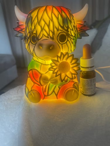 Customer's glowing Highland Cow LED Night Light next to a small bottle to show its scale.