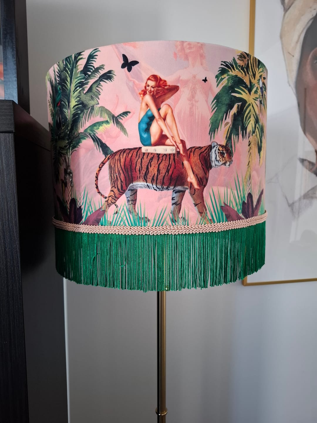 Customer photo review of Queen K Jungle Walk Pink Fringed Drum Lampshade