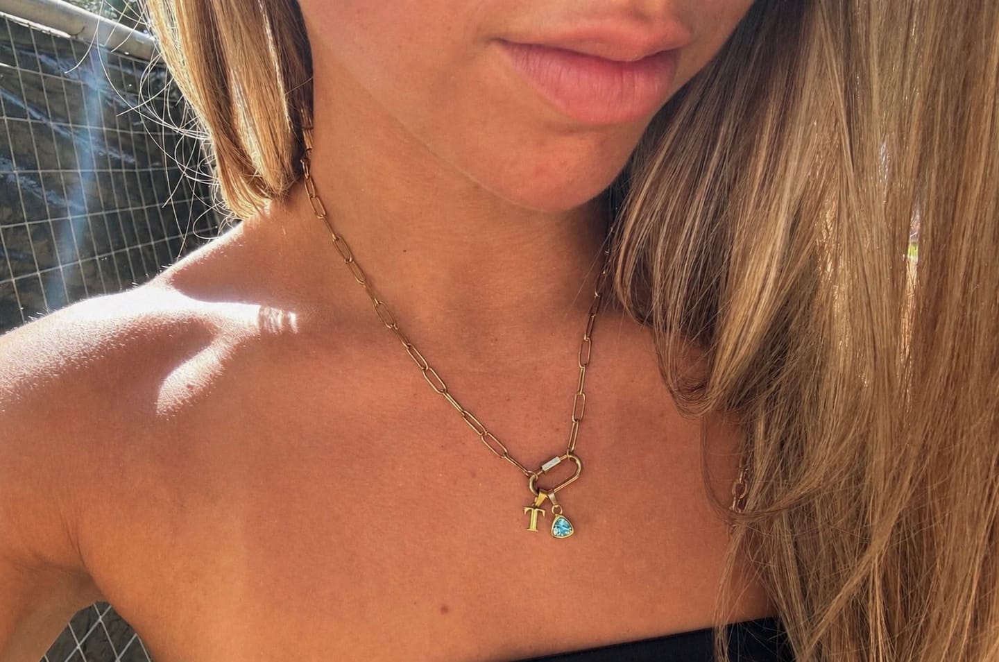 Customer photo review of Carabiner Charm Lock Necklace With Initial & Birthstone