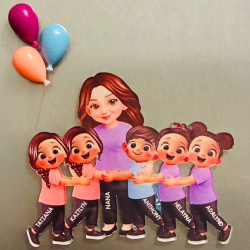 Customer's personalized acrylic fridge magnet showing a grandma character being hugged by five named grandchildren on a refrigerator.