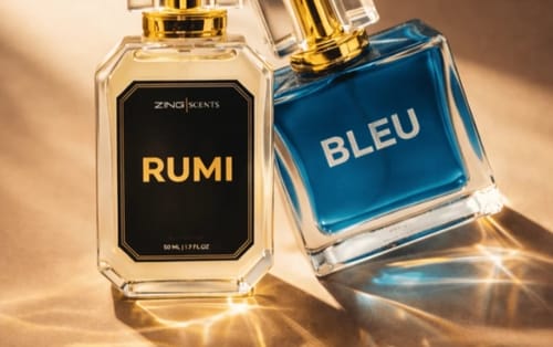 Customer's 'Deal of the Month' perfume set, showing the clear Rumi bottle and the blue Bleu bottle.