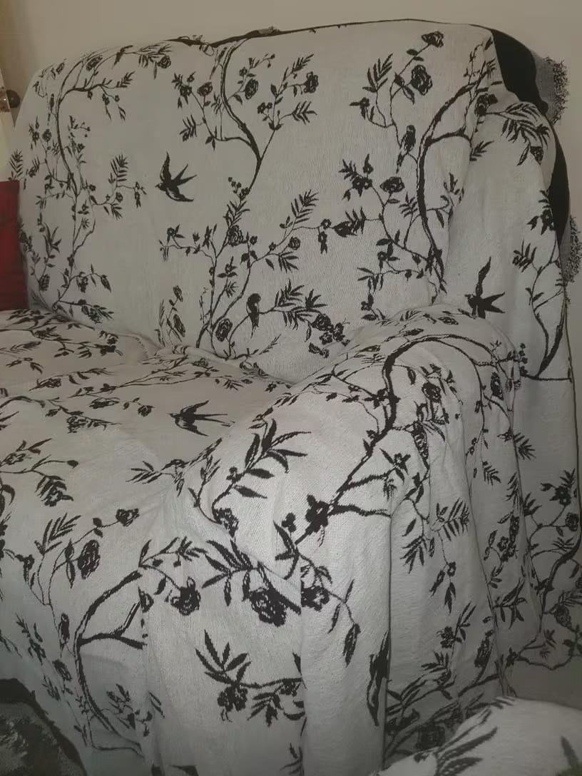 Customer photo review of Chenille Sofa Cover – Floral Jacquard Throw with Tassel Detail