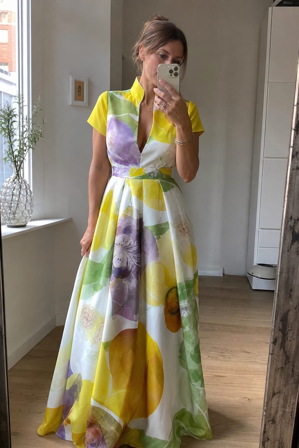 Customer photo review of A-Line Loose Pleated Pockets Printed Zipper Stand Collar Maxi Dresses