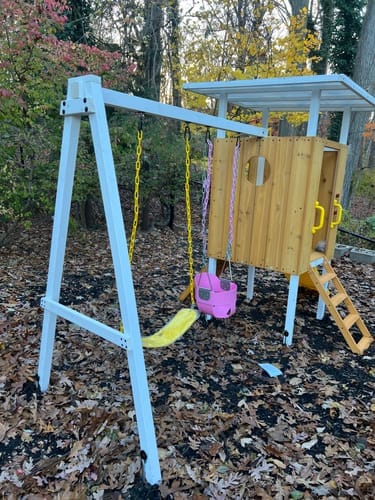 Customer photo review of Forest Small Outdoor Toddler Swing Set | Compact Wooden Swing Frame for Babies & Kids