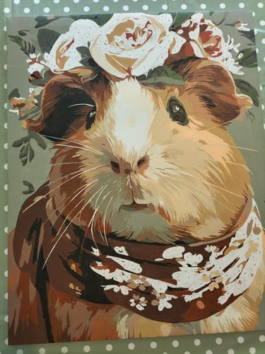 Reviewer's in-progress Madam Guinea Pig paint by number, showing a cute guinea pig with a floral crown and scarf.