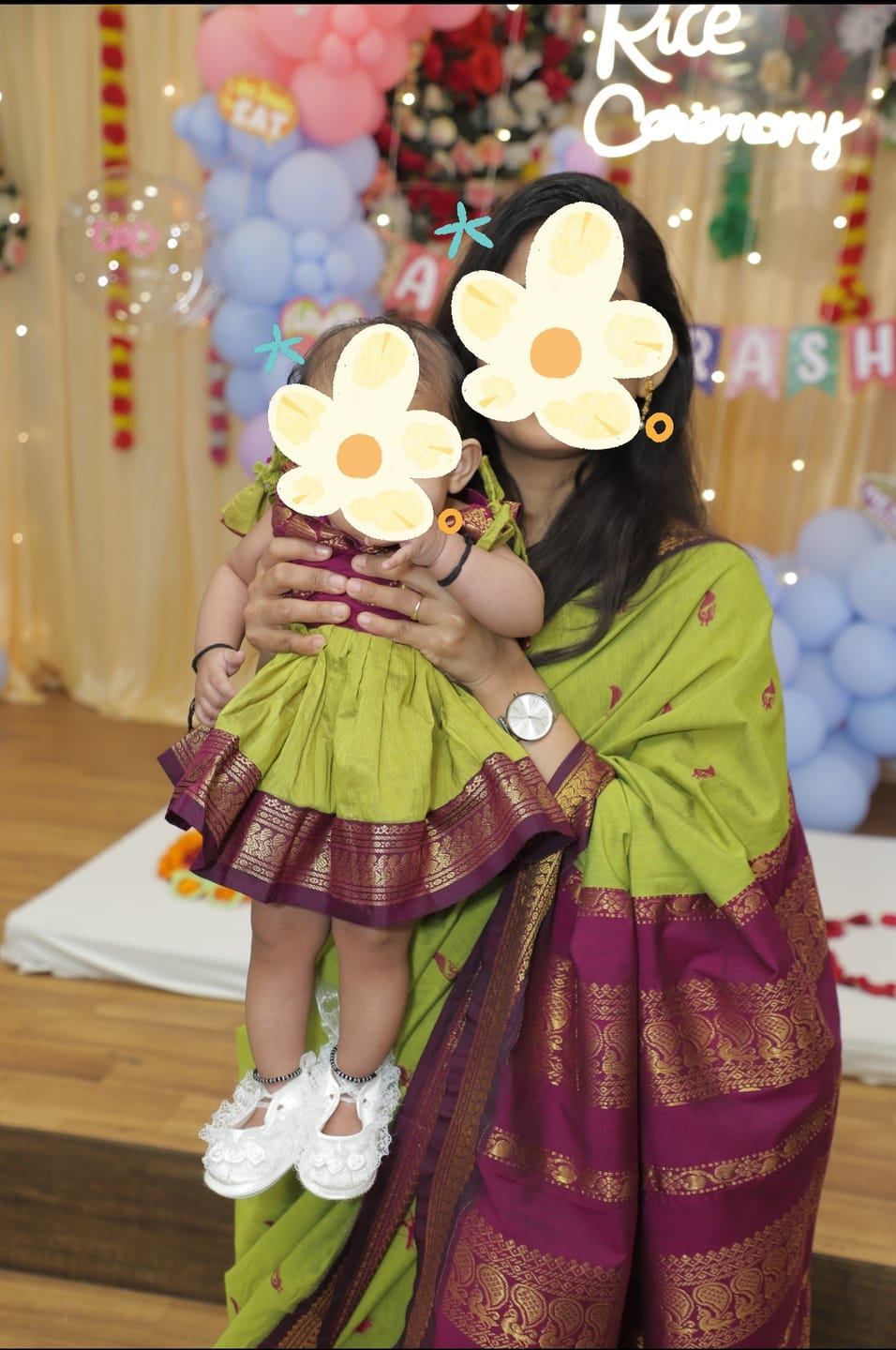 Customer photo review of Green and wine - tie up frock & saree mom and daughter combo set