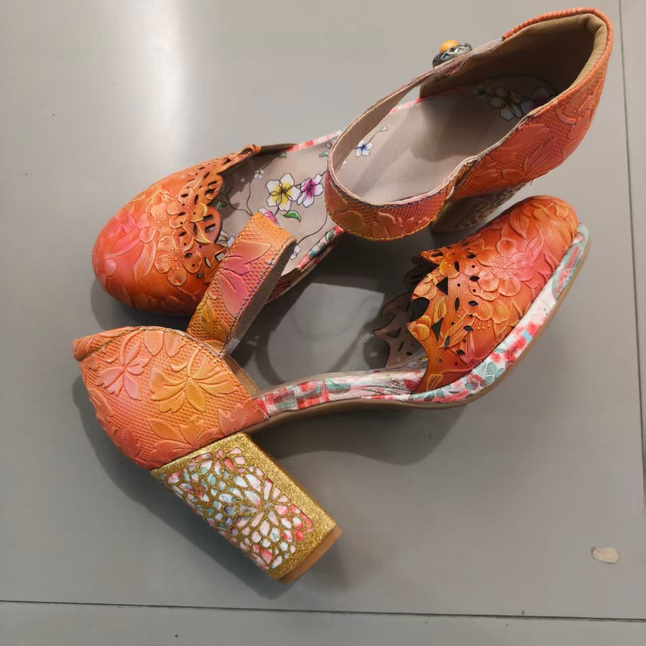 Customer photo review of Peach Floral Engraved Chunky Heel Sandals