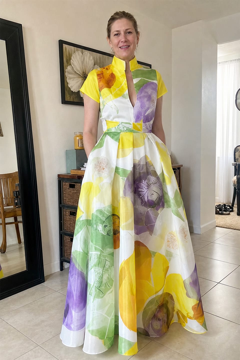 Customer photo review of A-Line Loose Pleated Pockets Printed Zipper Stand Collar Maxi Dresses