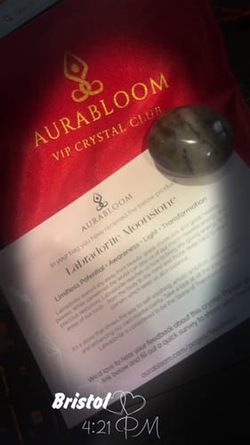 Customer's Labradorite Moonstone from the VIP Crystal Club, displayed on its red pouch with an information card.