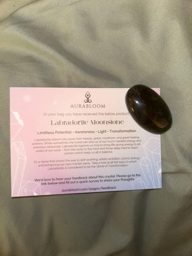Customer's polished, dark monthly crystal, a Labradorite Moonstone, shown with its information card.