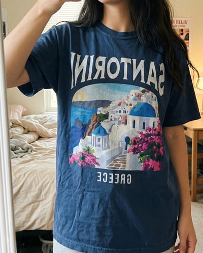 Customer photo review of Santorini Greece Vintage Travel Poster T-Shirt
