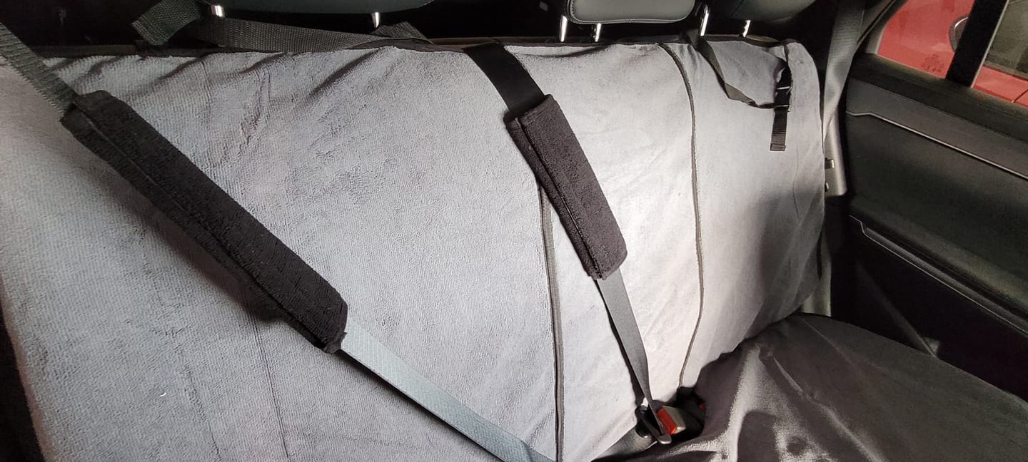 Customer photo review of Waterproof Seatbelt Protector 2 Pack – Black | Towel Society