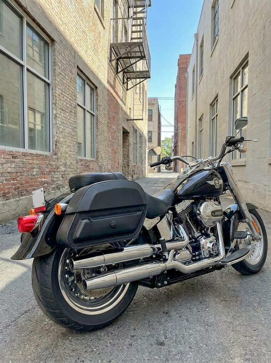 Customer photo review of 28L - Pantheon Medium Quick Mount Motorcycle Saddlebags for Harley Softail Fat Boy FLSTF/I