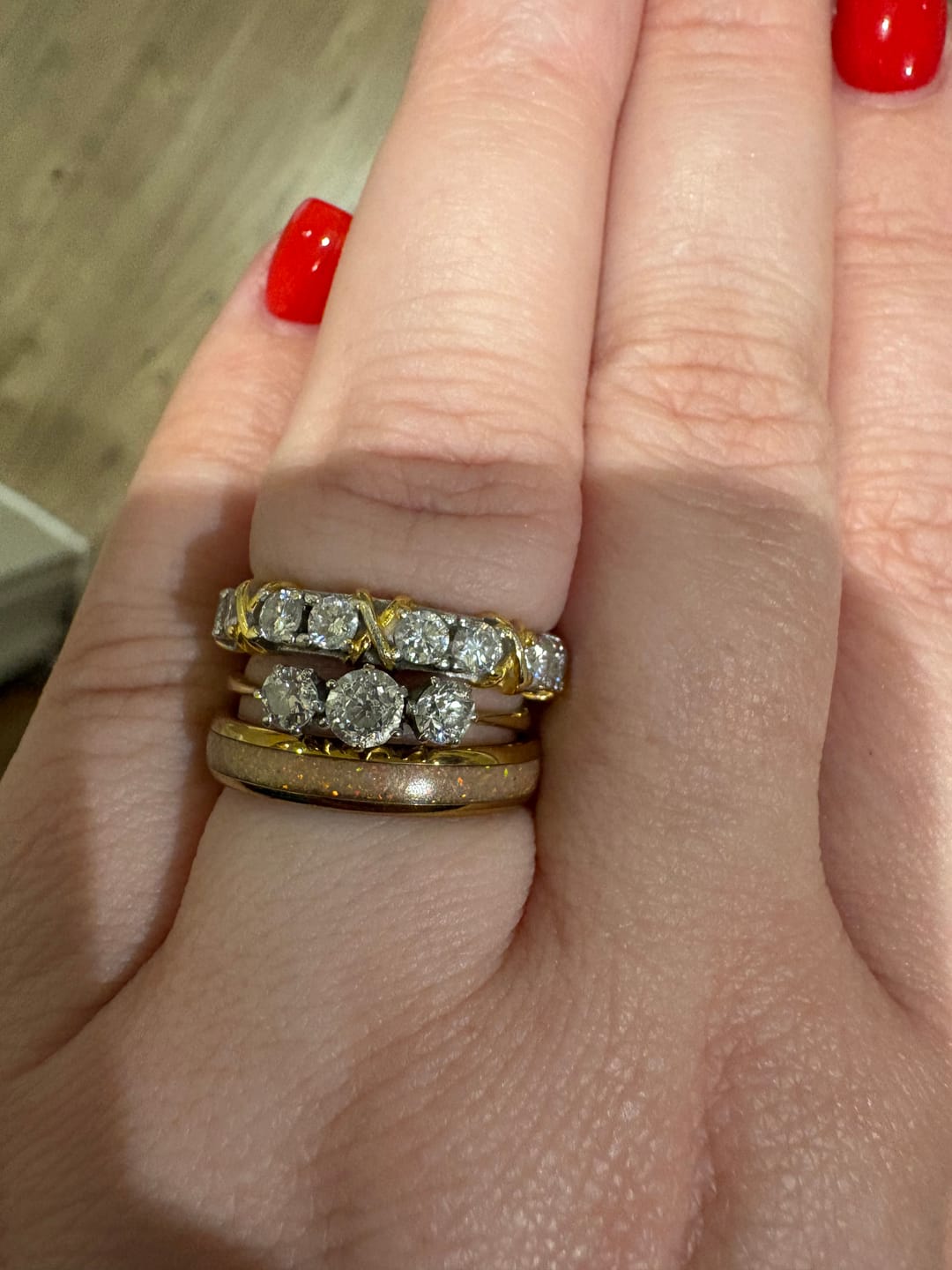 Customer photo review of White Gold 3ct Moissanite Golden Kisses Eternity Dazzle Ring