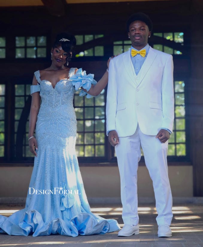 Customer photo review of Custom Blue Shoulder Flower Mermaid Prom Dress