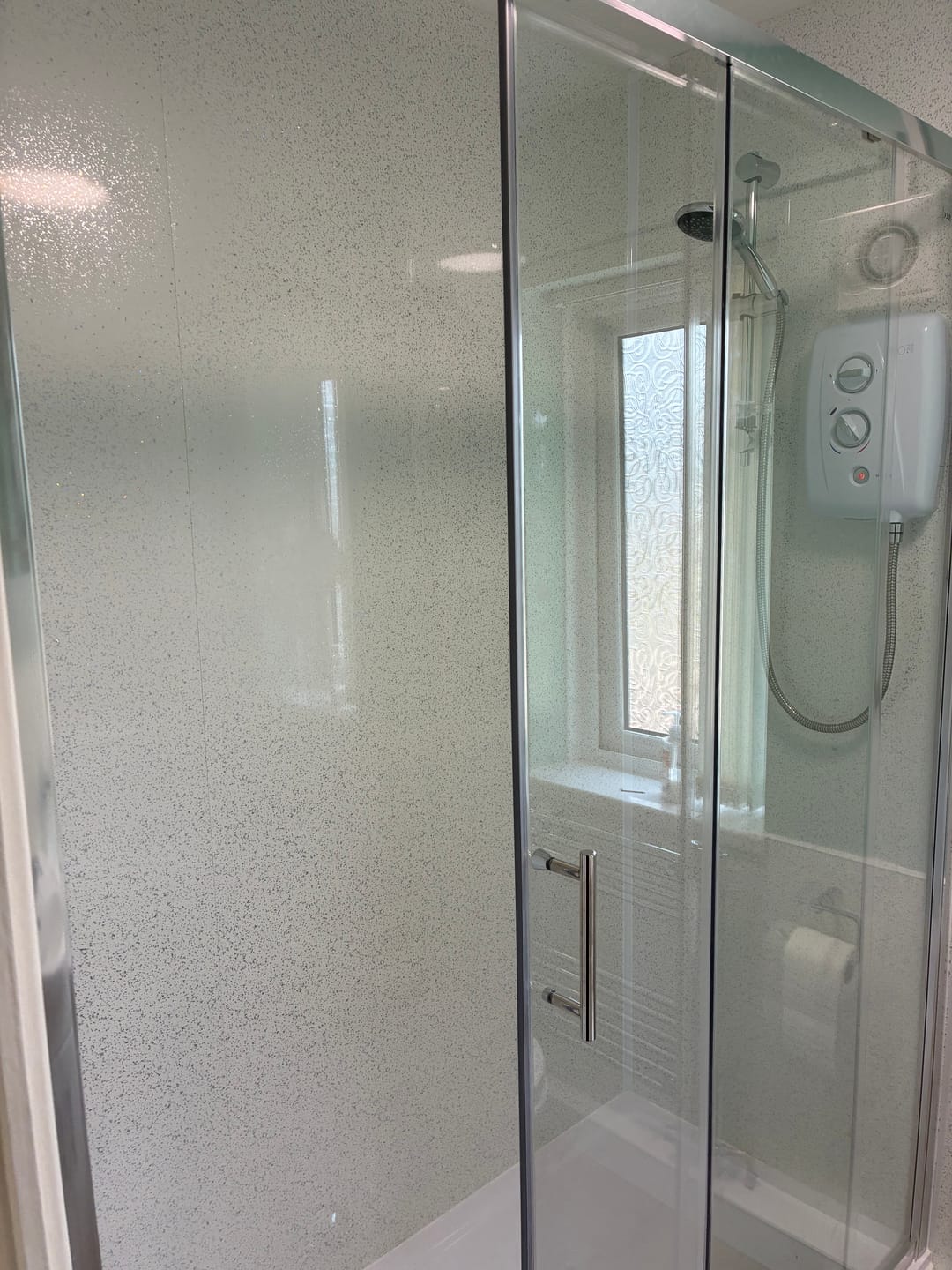 Customer photo review of 10mm Platinum White Sparkle Gloss Shower Panel 1M x 2.4M