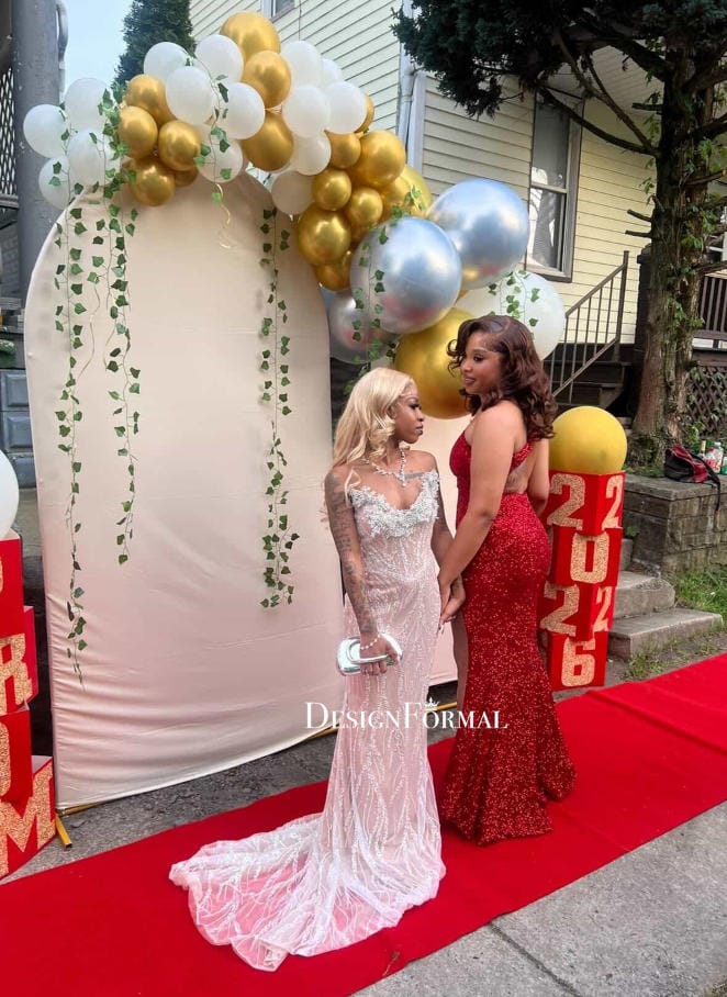 Customer photo review of Sparkly Strapless Rhinestone V Neck Mermaid Prom Dress