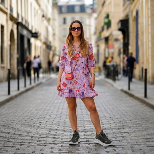 Reviewer wearing stylish, dark Cosmos walking shoes with a dress on a cobblestone street.