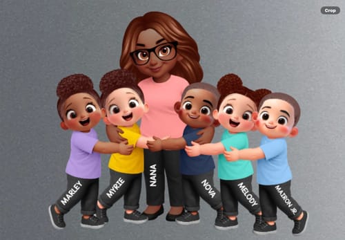 Customer's personalized acrylic magnet design showing a grandma character being hugged by five smiling grandchildren.