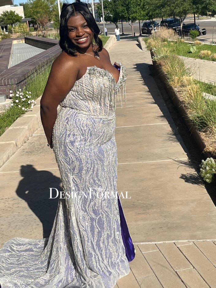 Customer photo review of Strapless Fringe V-neck See-through Slit Long Dress