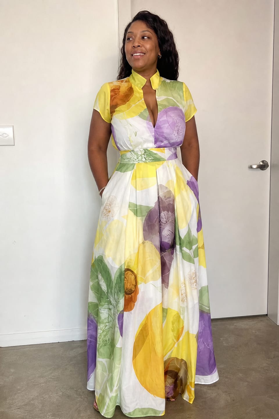 Customer photo review of A-Line Loose Pleated Pockets Printed Zipper Stand Collar Maxi Dresses