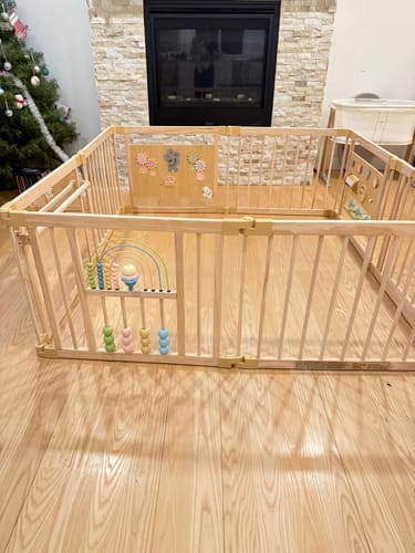 Customer photo review of Wooden Baby Playpen with Mirror & Whiteboard Panel – Foldable 63" x 63" Montessori Sensory Play Yard
