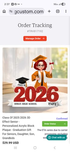 Customer's screenshot of an order for a personalized acrylic plaque for "Ruby" from the Class of 2026, Diman High School.