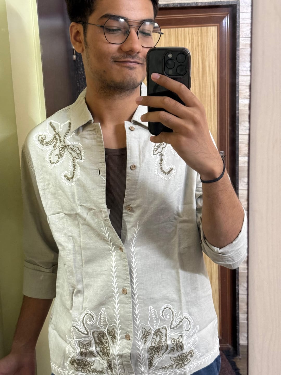 Customer photo review of Beige Floral Embroidery Shirt 100% Cotton