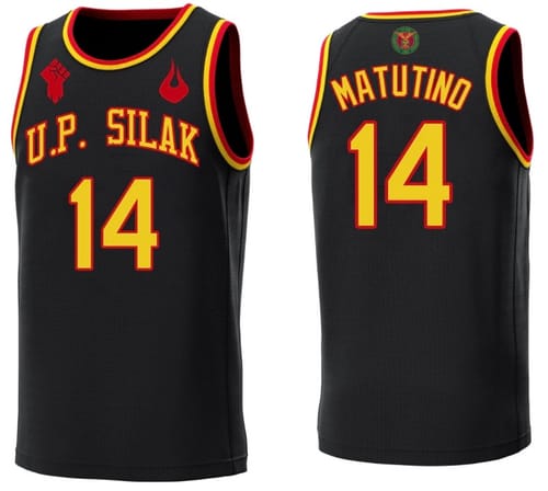 Customer's custom black basketball jersey showing the front and back design with bold yellow and red lettering.