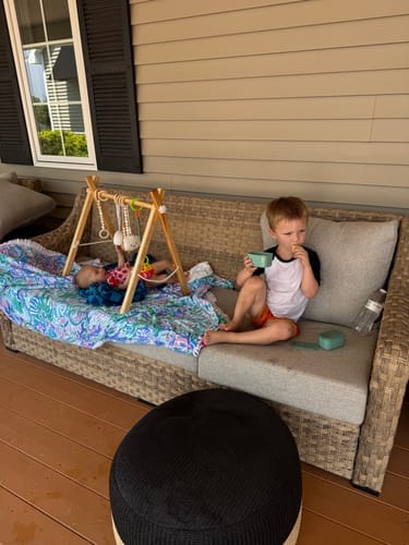 Customer photo review of Lilac Wooden Baby Gym | Montessori Infant Play Gym with Hanging Toys