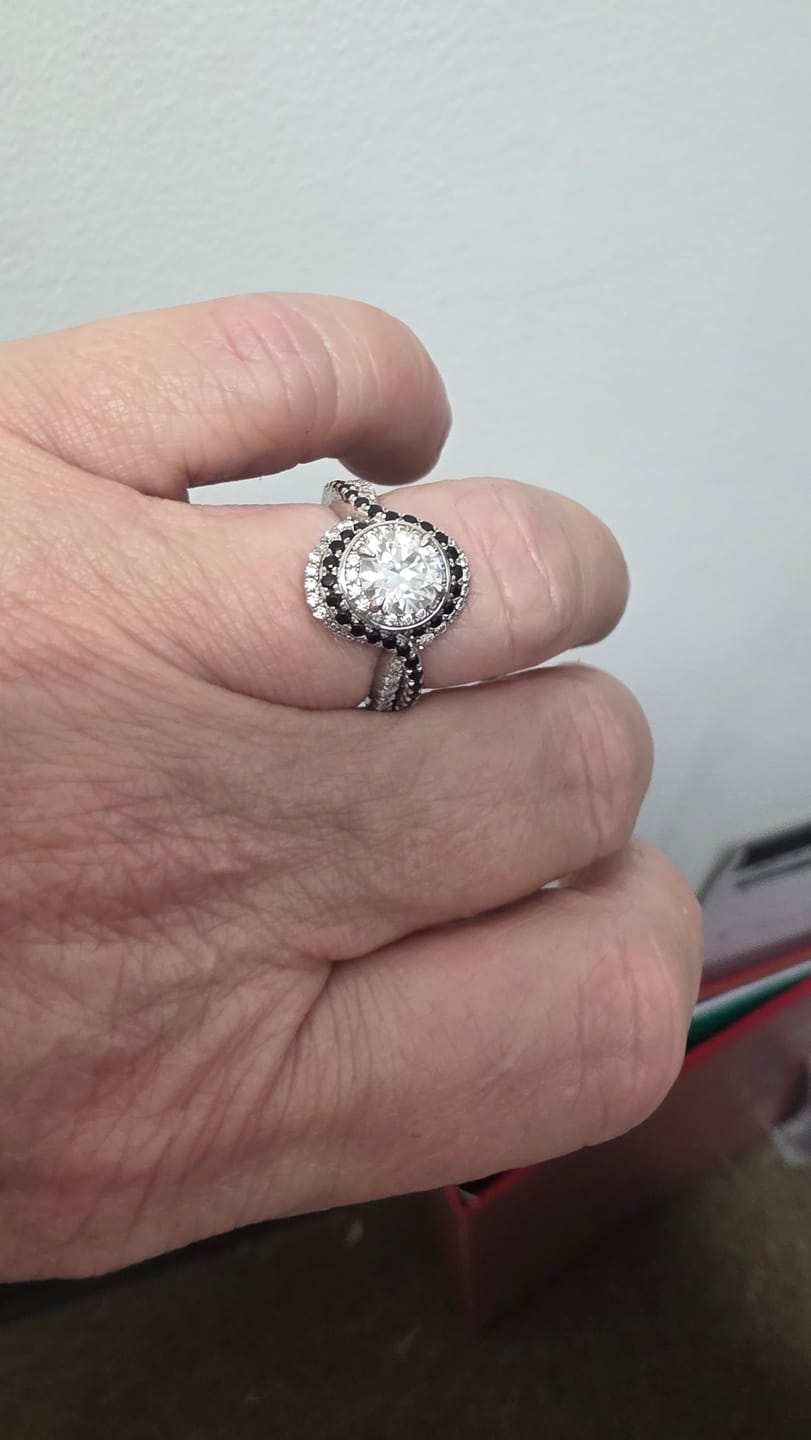 Customer photo review of Double Halo Moissanite Black Pavé Swirl Engagement Ring
