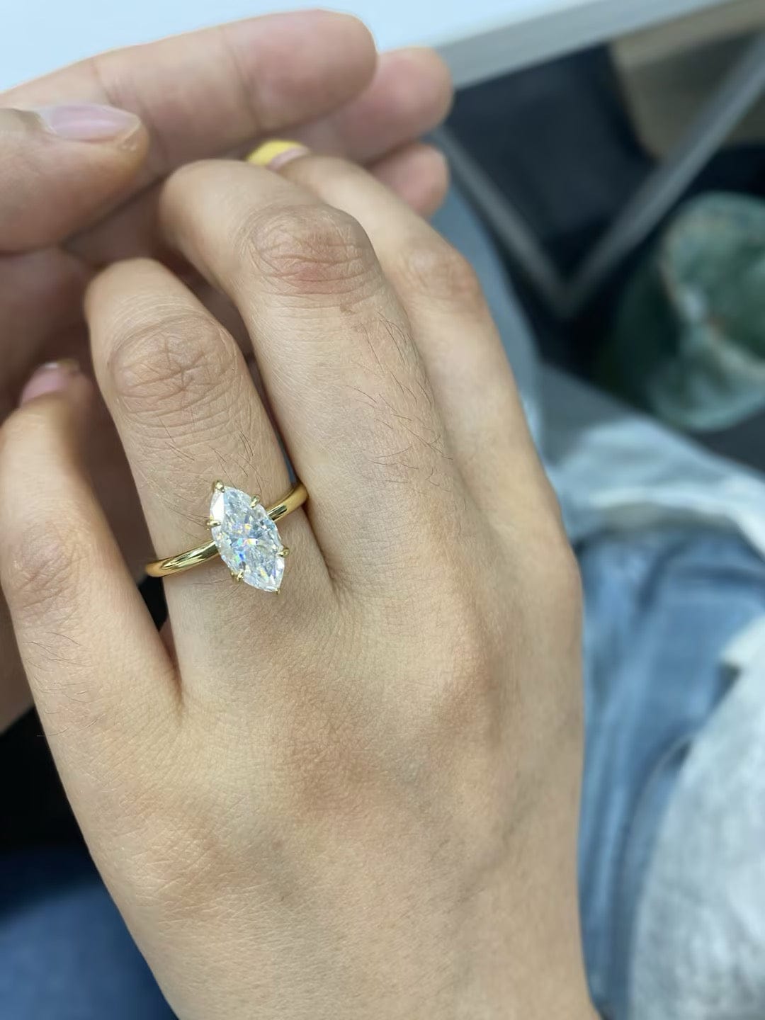 Customer photo review of S925 Moissanite 2.0 Ct/1.0Ct Marquise Cut Solitaire Yellow Gold Promise Ring For Women