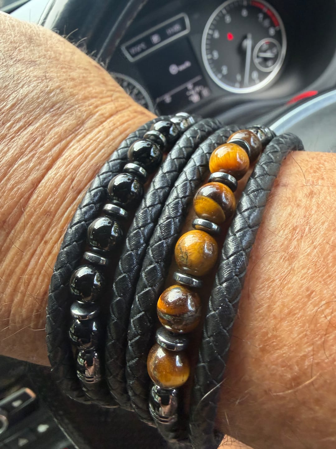 Customer photo review of Buddha Stones Tiger Eye Lava Rock Hematite Black Onyx Bead Positive Leather Bracelet