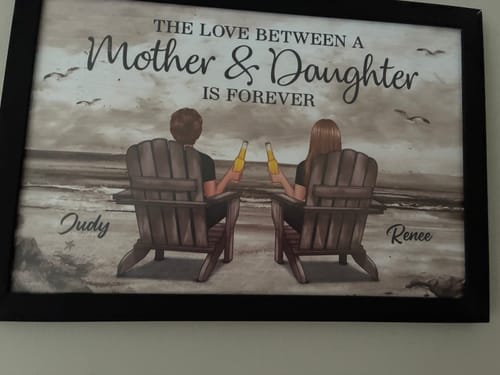 Customer's framed personalized horizontal poster showing a mother and daughter on a beach with the names 'Judy' and 'Renee' printed.