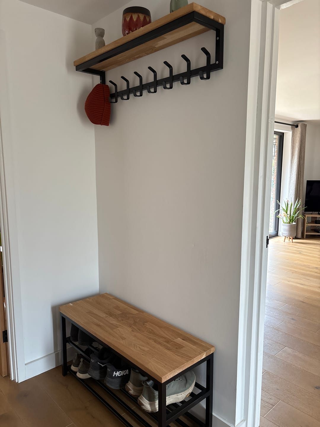 Customer photo review of Oak Shelf Coat Rack