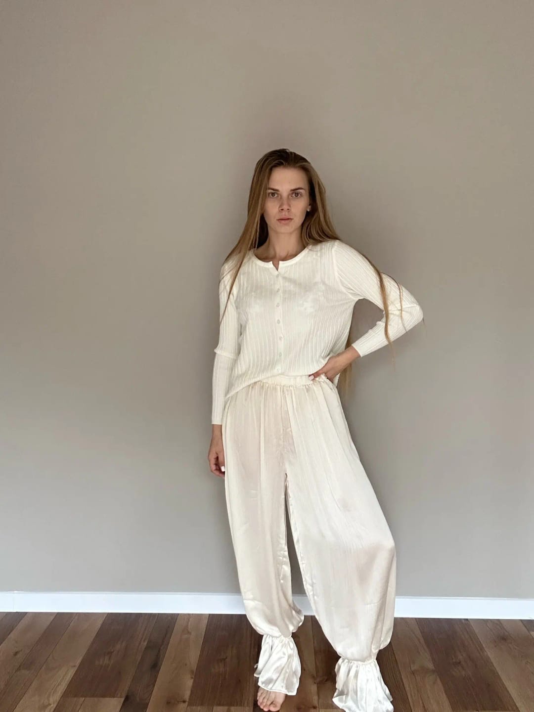 Customer photo review of Beatrice Sheer Elastic Waist Flare Trousers